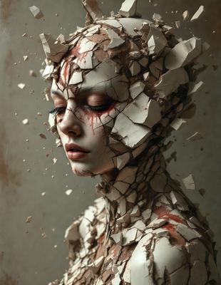 The primary subject of the image is a woman with a unique and artistic appearance. She is wearing a headpiece made of broken ceramic shards, giving her a distinctive and creative look. The setting is a room with a wall, and the visual style is a combination of digital art and illustration. The colors and mood of the image are dark and dramatic, with the woman's face and the ceramic shards creating a striking contrast against the background.